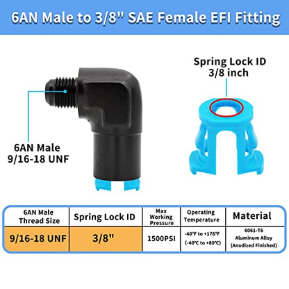 2 PCS MONOKING 6AN Male to 3/8" Female EFI Quick Connect Fitting 90 degree Push-On Adapter Connector Aluminum - size: 6AN to 3/8 NPT