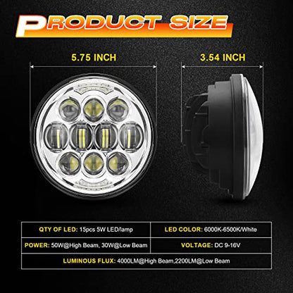 DOT Approved 80W 5-3/4" 5.75" Round LED Projection Headlight Compatible with Dyna Street Bob Super Wide Glide Low Rider Night Rod Train Softail Deuce Custom Sportster Iron 883,Silver - color: silver