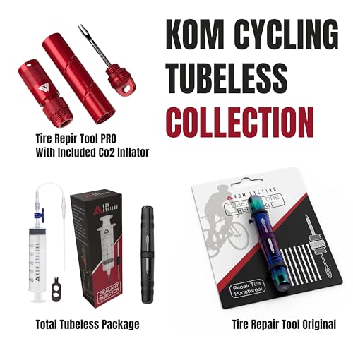 KOM Cycling Tubeless Tire Repair Kit for Bikes 8 Colors! Fixes Mountain Bike and Road Bicycle Tire Punctures - color: Black