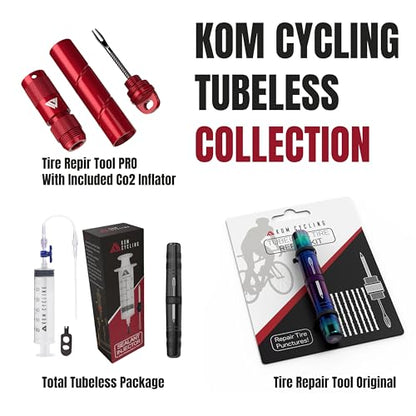 KOM Cycling Tubeless Tire Repair Kit for Bikes 8 Colors! Fixes Mountain Bike and Road Bicycle Tire Punctures - color: Black