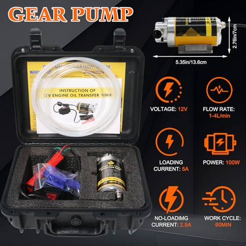 12V 100W Portable Oil Transfer Pump Set, 1-4L/min Fluid Transfer Pump for Engine Oil, Gear Oil, Lubricating Oil Change, Electric Self-Priming Motor Gear Oil Pump for Boat, Car, Trucks and Lawnmower