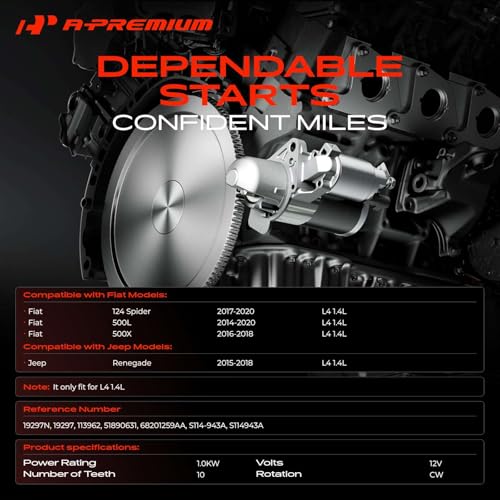 A-Premium Starter Motor, 12V 1.0KW 10 Teeth CW, Compatible with Jeep, Fiat