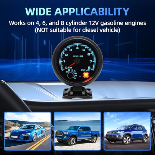 MH 3.75" 95mm Tachometer 0-8000 Large RPM Gauge 7 Color Car AUTO Tacho Shift Light with Dashboard Pod (Black) - color: Black
