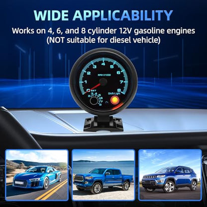 MH 3.75" 95mm Tachometer 0-8000 Large RPM Gauge 7 Color Car AUTO Tacho Shift Light with Dashboard Pod (Black) - color: Black