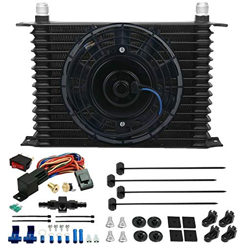 Aluminum 15 Row Engine Transmission Oil Cooler Electric Fan 6AN in-Line Hose 180'F Thermostat Temp Switch Wiring Kit