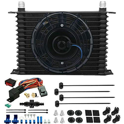 Aluminum 15 Row Engine Transmission Oil Cooler Electric Fan 6AN in-Line Hose 180'F Thermostat Temp Switch Wiring Kit