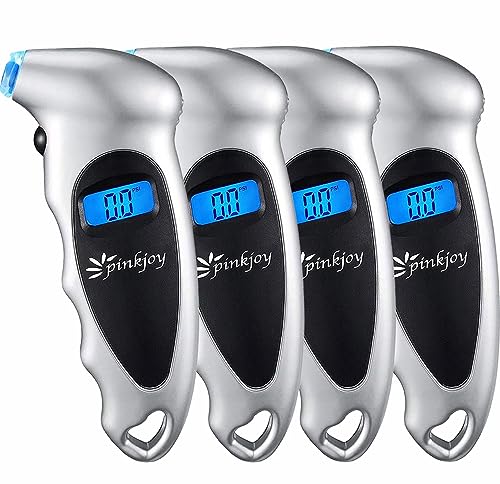 PINKJOY Digital Tire Pressure Gauge 4 Pack 150 PSI, 4 Settings, Tire Gauge for Car, Truck, Motorcycle, Bicycle with Backlit LCD and Non-Slip Grip (Silver) - color: Silver 4 Pack