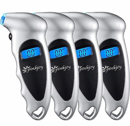 PINKJOY Digital Tire Pressure Gauge 4 Pack 150 PSI, 4 Settings, Tire Gauge for Car, Truck, Motorcycle, Bicycle with Backlit LCD and Non-Slip Grip (Silver) - color: Silver 4 Pack