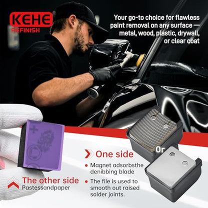 Automobile Spray Paint Point Repair Scraper with Removable Handle,Carbide Tungsten Repair Scraper Tool Paint File for Edge Banding, Denibbing, and Spot Repair - color: Double-hole+handle+box+sandpaper