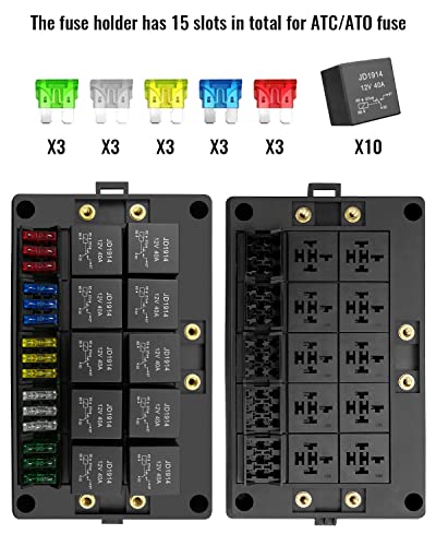 12V Fuse Relay Box with 15 Fuse Slots & 10 Relay Slots for 4/5 Pin - size: Box & Fuse & Relay & Terminals