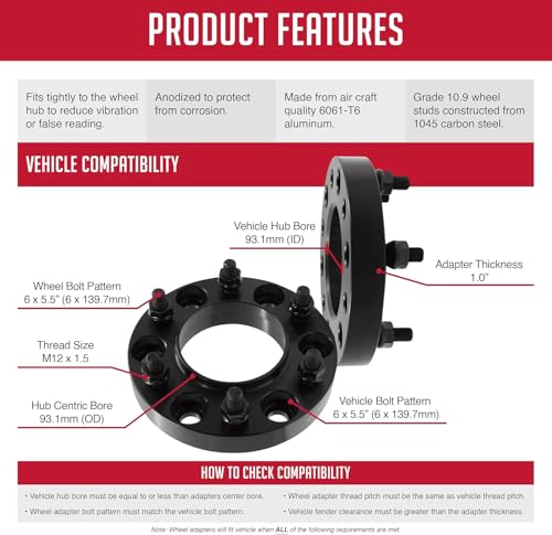 Wheel Accessories Parts 2 Pcs Hub Centric Wheel Spacers Adapters 6x5.5 6x139.7mm 1.00 Inch Thick 93.10mm Hub M12 1.5 12x1.5 Thread Stud Fits Ford Bronco Ranger (No Raptor Bronco Sport Fitment) - size: 1" (2 Pack), style: Bronco (Hub Centric)
