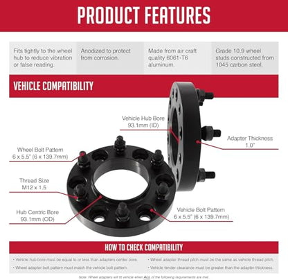 Wheel Accessories Parts 2 Pcs Hub Centric Wheel Spacers Adapters 6x5.5 6x139.7mm 1.00 Inch Thick 93.10mm Hub M12 1.5 12x1.5 Thread Stud Fits Ford Bronco Ranger (No Raptor Bronco Sport Fitment) - size: 1" (2 Pack), style: Bronco (Hub Centric)