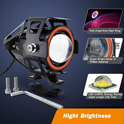 Motorcycle LED Fog Lights U7 Spotlight Daytime Running Lights with Red Angel Eyes Halo Ring and ON/Off Toggle Switch 2-Sets - color: red