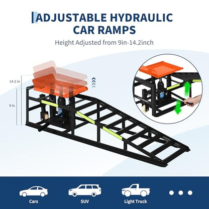 Heavy Duty Hydraulic Car Ramps 5 Ton Capacity with Wheels, Adjustable Height Portable Vehicle Lift Ramps, Auto Repair Ramps for Home Garage Car Maintenance & Oil Change - color: Orange