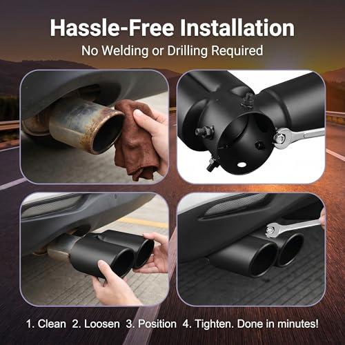 Dual Exhaust Tip, 2.5" Inlet Exhaust Dual Tailpipe, Stainless Bending Pipe Muffler Tip with Beveled Ends with Bolt, Tail Modification Accessory for Cars Trucks (Black)
