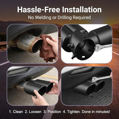 Dual Exhaust Tip, 2.5" Inlet Exhaust Dual Tailpipe, Stainless Bending Pipe Muffler Tip with Beveled Ends with Bolt, Tail Modification Accessory for Cars Trucks (Black)