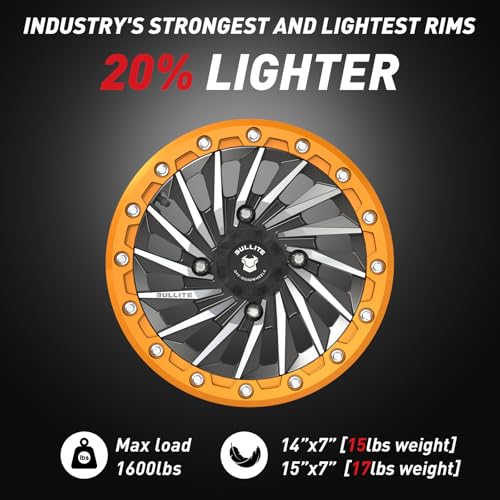 Bullite Wheels BT-08 Blade UTV ATV Wheel Satin Black Rims and Orange Beadlock 14x7, 4x156 Bolt Pattern, 5+2 Offset, Compatible with Polaris RZR 1000 XP/Ranger XP 900/1000 - color: Satin Black Rim and Orange Beadlock, size: 14x7, 5+2 Offset, 4x156 Bolt