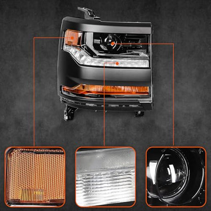 FIONE HID Headlights Compatible with Chevy Silverado 1500 2016-2018/2019 Silverado 1500 LD W/O Bulbs Black Housing Headlamp Left Driver+Right Passenger Side - color: Black, size: PA(Driver&Passenger)