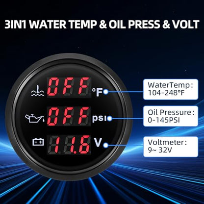 MH Triple Gauge Set - Water Temp (104°F-248°F), Oil Pressure (0-145PSI), Voltmeter (9-32V), AUTO Gauge with Sensors 2" 52mm 3-in-1 Boat Marine Meter Kit (Black) - color: Black