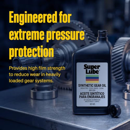 Super Lube Synthetic Gear Oil - Heavy Duty Synthetic Machinery Oil for Truck & Auto Maintenance - NSF H1 Food Grade Gear Lubricant - ISO 220 - Translucent Amber - Bottle - 1 qt (54200) - size: ISO 220 - 1qt Bottle