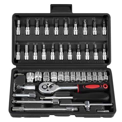 46PCS Socket Ratchet Wrench Set, 1/4 Inch Drive Small Tool Set with Screwdriver Bit Sockets Extension Bar and Storage Case, Metric Socket Set for Car Repair and Home Use, Black - color: Black