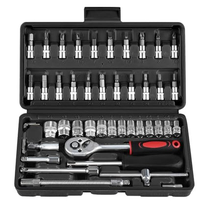 46PCS Socket Ratchet Wrench Set, 1/4 Inch Drive Small Tool Set with Screwdriver Bit Sockets Extension Bar and Storage Case, Metric Socket Set for Car Repair and Home Use, Black - color: Black