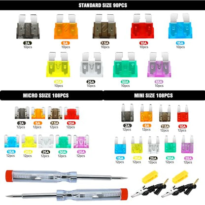 Car Fuses Assortment Kit, 306PCS Mixed Vehicle Blade Fuses Kit Indudes Standard & Mini & Low Profile Mini Fuse for (35A,30A,25A,20A,15A,10A,7.5A,5A,2A), Auto Replacement Accessories (306PCS)