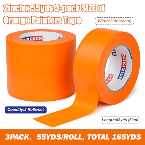 3 Rolls Orange Painters Tape 2 Inch x 55 Yards (165 Total Yards), Automotive Masking Tape, Paint Tape for Painting, Painter's, DIY Crafts Arts Decoration Labeling and School Project - color: orange