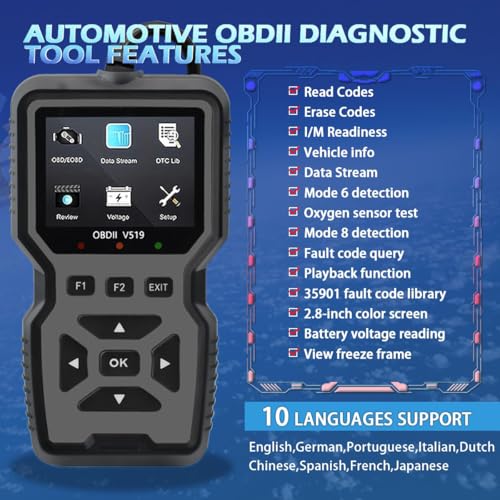 OBD2 Scanner Diagnostic Tool - Check Engine Light Code Reader, Reset Function, Data Stream, I/M Readiness, Full Features, Modes 6 & 8, for All 1996+ Vehicles - color: Gray