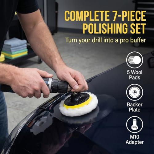 7 PCS 3 Inch Wool Polishing Buffing Pad Polishing Buffing Wheel with M10 Drill Adapter, Car Buffer Drill Attachment, Drill Buffer Polisher Attachmen for Car, Glass, Tile, Tire Polishing & Waxing - size: 7 Pcs 3 Inch