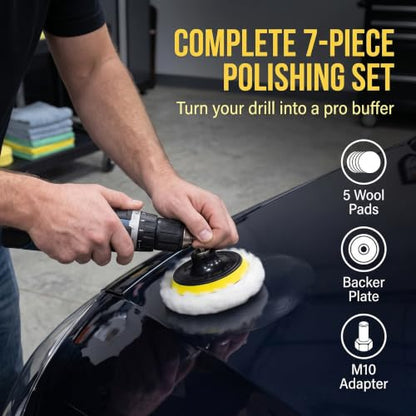7 PCS 3 Inch Wool Polishing Buffing Pad Polishing Buffing Wheel with M10 Drill Adapter, Car Buffer Drill Attachment, Drill Buffer Polisher Attachmen for Car, Glass, Tile, Tire Polishing & Waxing - size: 7 Pcs 3 Inch