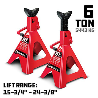 Powerbuilt 6 Ton Ratchet Jack Stands, Wide Stance Stability, Vehicle Car Lifting Range 15-1/2 Inches to 23-1/2 Inches - Red 647511 - size: 6 Ton
