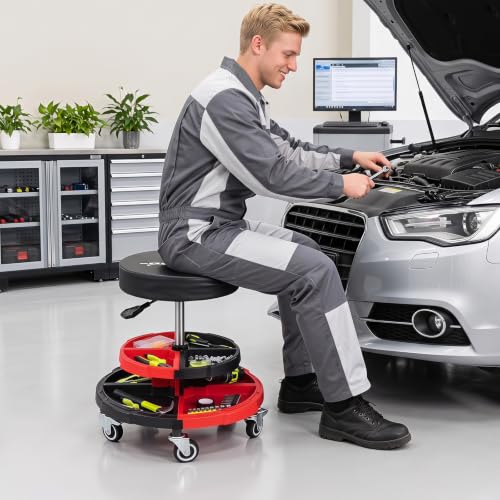 Goplus Rolling Mechanic Stool with Cushioned Seat - color: Red, size: 2-Tier Tool Tray
