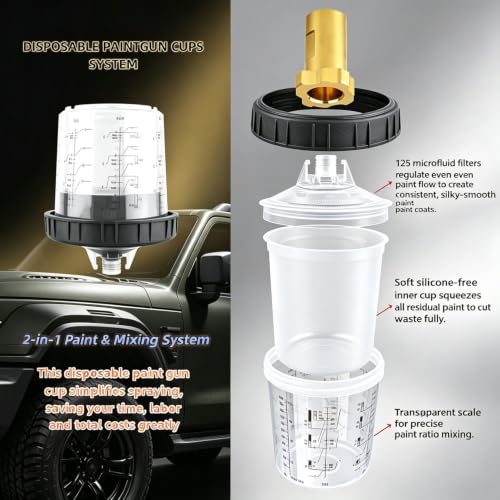 HVLP Spray Gun with 10Pcs 600ML Disposable Paint Cups, 4 Nozzles,1.4/1.7/2.0/2.5mm， Air Compressor Regulator, Disposable Cups Automotive Gravity Spray Paint Gun for Auto Paint(Gold)