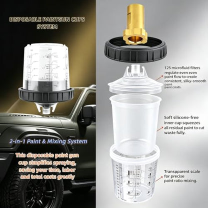 HVLP Spray Gun with 10Pcs 600ML Disposable Paint Cups, 4 Nozzles,1.4/1.7/2.0/2.5mm， Air Compressor Regulator, Disposable Cups Automotive Gravity Spray Paint Gun for Auto Paint(Gold)