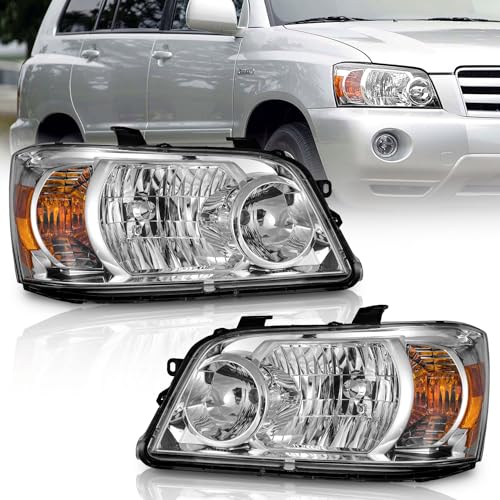 WEELMOTO Halogen Headlights Assembly for 2004-2006 Toyota Highlander - color: Clear Lens I Chrome Housing I Amber Reflector