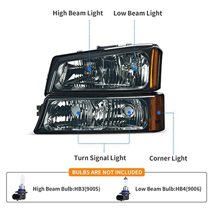 DWVO Headlight Assembly Compatible with 2003-2006 Chevy Silverado Chrome - color: A Black Housing Amber Reflector Smoke Lens
