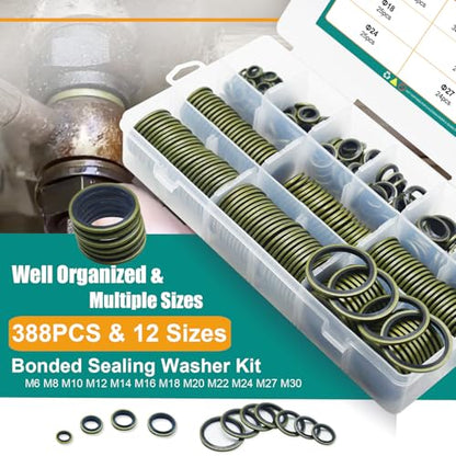 388 PCS 12 Sizes NBR Metal Bonded Sealing Washer Kit M6-M30 Automotive - color: 388pcs Sealing Washers