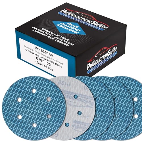 ProductionShop Premium 120 Grit 6" Rhombus Diamond Shape Blue Sanding Discs, 6-Hole, Box of 50 - Hook & Loop Anti-Clogging J-Cloth Dustless Sandpaper for Random Orbital Sanders, Sand Auto Paint, Wood - style: 120 Grit