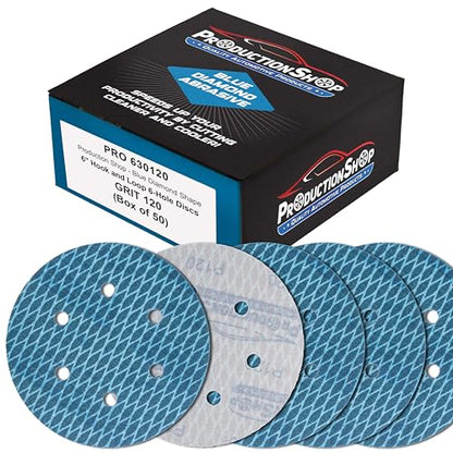ProductionShop Premium 120 Grit 6" Rhombus Diamond Shape Blue Sanding Discs, 6-Hole, Box of 50 - Hook & Loop Anti-Clogging J-Cloth Dustless Sandpaper for Random Orbital Sanders, Sand Auto Paint, Wood - style: 120 Grit