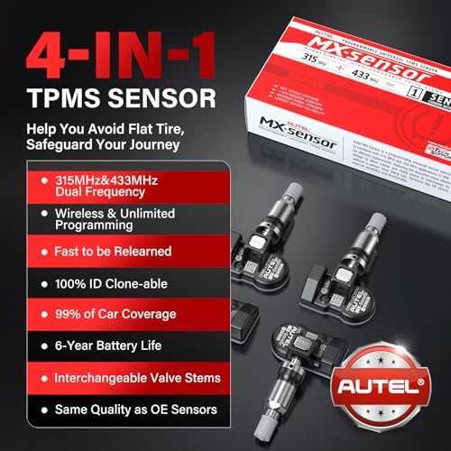 Autel TPMS Sensor Set of 4, 2in 1MX-Sensor 315MHz + 433MHz Dual Frequency, 100% Programmable Replace OEM Sensor, Work with Autel TPMS Tool TS408S TS501 TS508WF TS601 (Press-in, Metal Valve) - size: Ts401