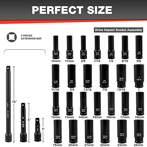 EACELIY 29pcs 1/2" Socket Set, Drive Deep Impact Socket Set, Including 3 ", 5", 10" Impact Extension Bar, Standard SAE (3/8 "- 1") and Metric (10mm-24mm), Cr-V Steel - size: 1/2" Deep Sockets (10-24mm, 3/8 "- 1")