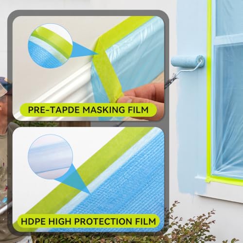VOISEN 3 Rolls Pre-Taped Masking Film for Painting-22 x 66',Painters Plastic Sheeting with Widened Automotive Masking Tape, Plastic Tarp for Painting, Film for Car, Wall Protection - color: 3 Rolls