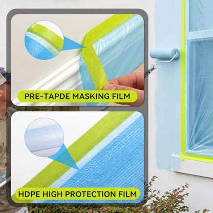 VOISEN 3 Rolls Pre-Taped Masking Film for Painting-22 x 66',Painters Plastic Sheeting with Widened Automotive Masking Tape, Plastic Tarp for Painting, Film for Car, Wall Protection - color: 3 Rolls