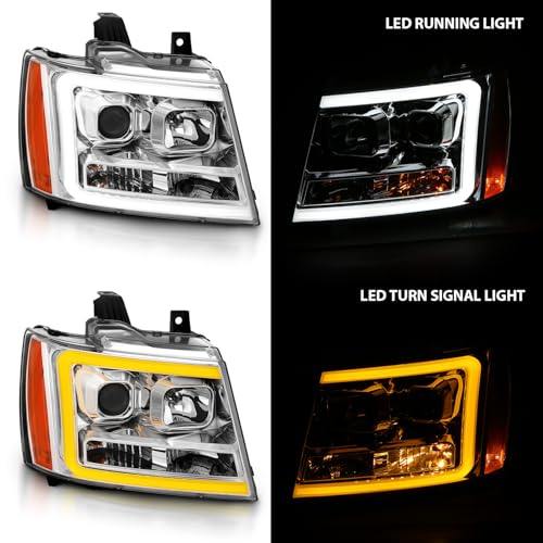 AmeriLite for 2007-2013 Chevy Avalanche/Suburban/Tahoe Switchback LED Turn Siganl Tube Chrome Projector Headlights Assembly Pair - Passenger and Driver Side - color: Chrome Projector Switchback LED Bar