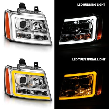 AmeriLite for 2007-2013 Chevy Avalanche/Suburban/Tahoe Switchback LED Turn Siganl Tube Chrome Projector Headlights Assembly Pair - Passenger and Driver Side - color: Chrome Projector Switchback LED Bar