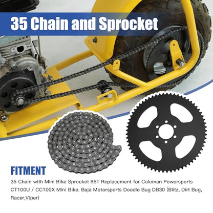 YOXUFA 65 Tooth Sprocket 35 Chain with 140 Links Replacement for Coleman CT100U CC100X Baja Doodle Bug Blitz Dirt Bug Racer DB30 Motovox Mbx10 Predator 97cc 100cc 2.5hp Mini Bike Powersports Parts