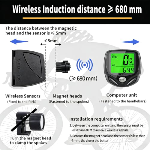 SOON GO Wireless Waterproof Bike Computer, Bicycle Speedometer Odometer with Large LCD Green Backlight, Auto Sleep & Wake-Up, Accurate Multi-Function Speed Tracker for Mountain, Road & Folding Bikes