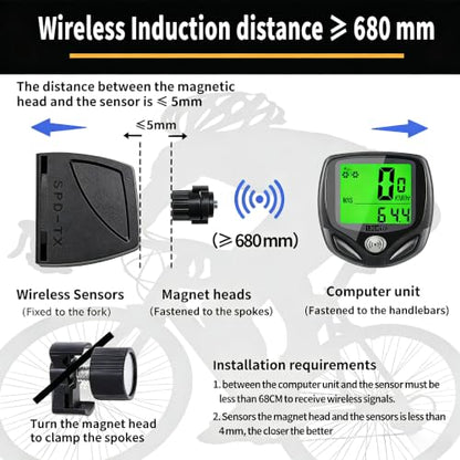 SOON GO Wireless Waterproof Bike Computer, Bicycle Speedometer Odometer with Large LCD Green Backlight, Auto Sleep & Wake-Up, Accurate Multi-Function Speed Tracker for Mountain, Road & Folding Bikes