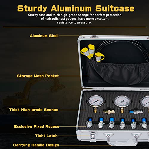 Hydraulic Pressure Test Kit for Excavator, Hydraulic Gauge Set - size: 16PCS - 3Guages
